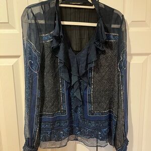 Kobi Halperin Navy Sheer Blouse with Ruffles